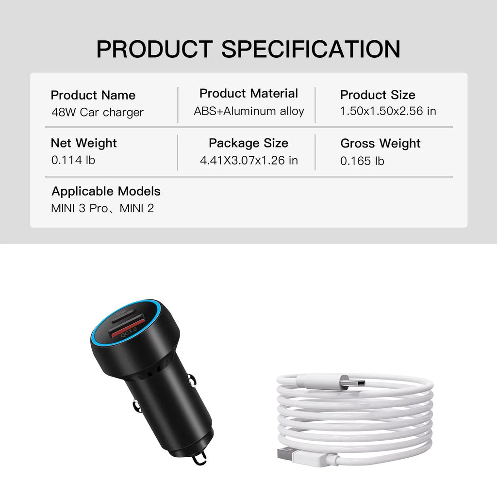 Super Fast USB-C Charging Adapter QC3.0 PD Car Charger for DJI Mini 2/Mini 3 Pro