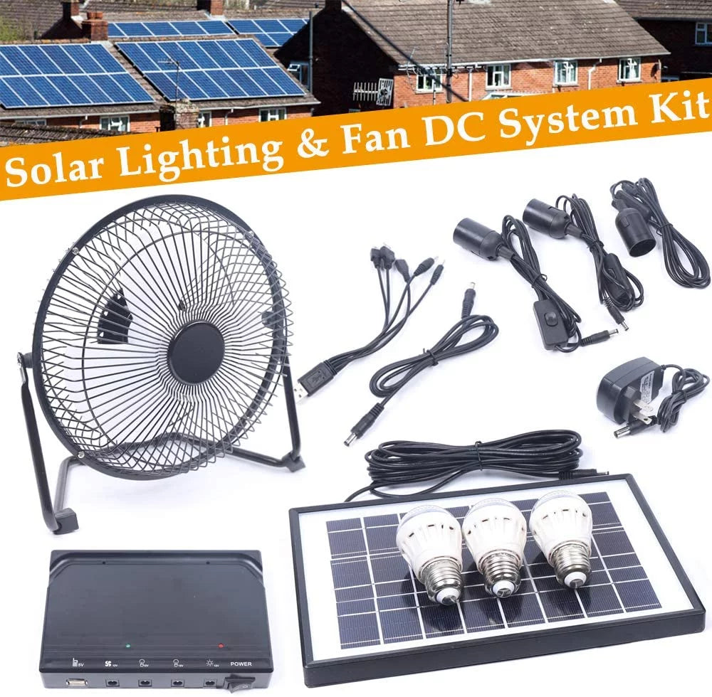 MONIPA Portable Solar Powered Panel+Fan+3x1W 12V Bulbs 8 Unit Solar Powered Fan, with Adapter for Ventilation Caravan Camping Home Office Outdoor Traveling Fishing