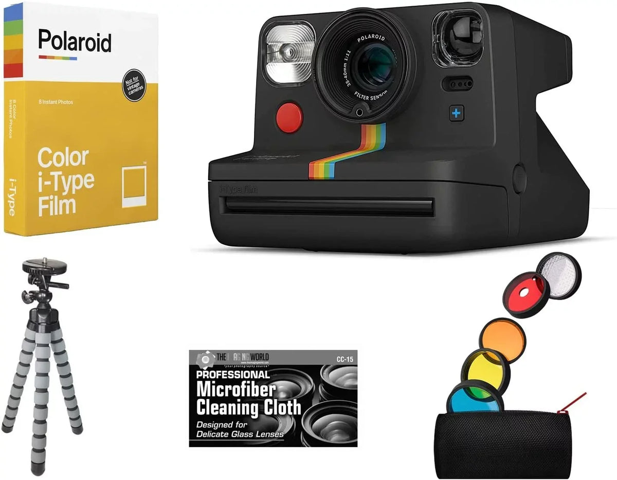 Bundle of Polaroid Now Plus Bluetooth Connected I-Type Instant Film Camera Onyx + Table Tripod + Pack of Film + Microfiber Cloth