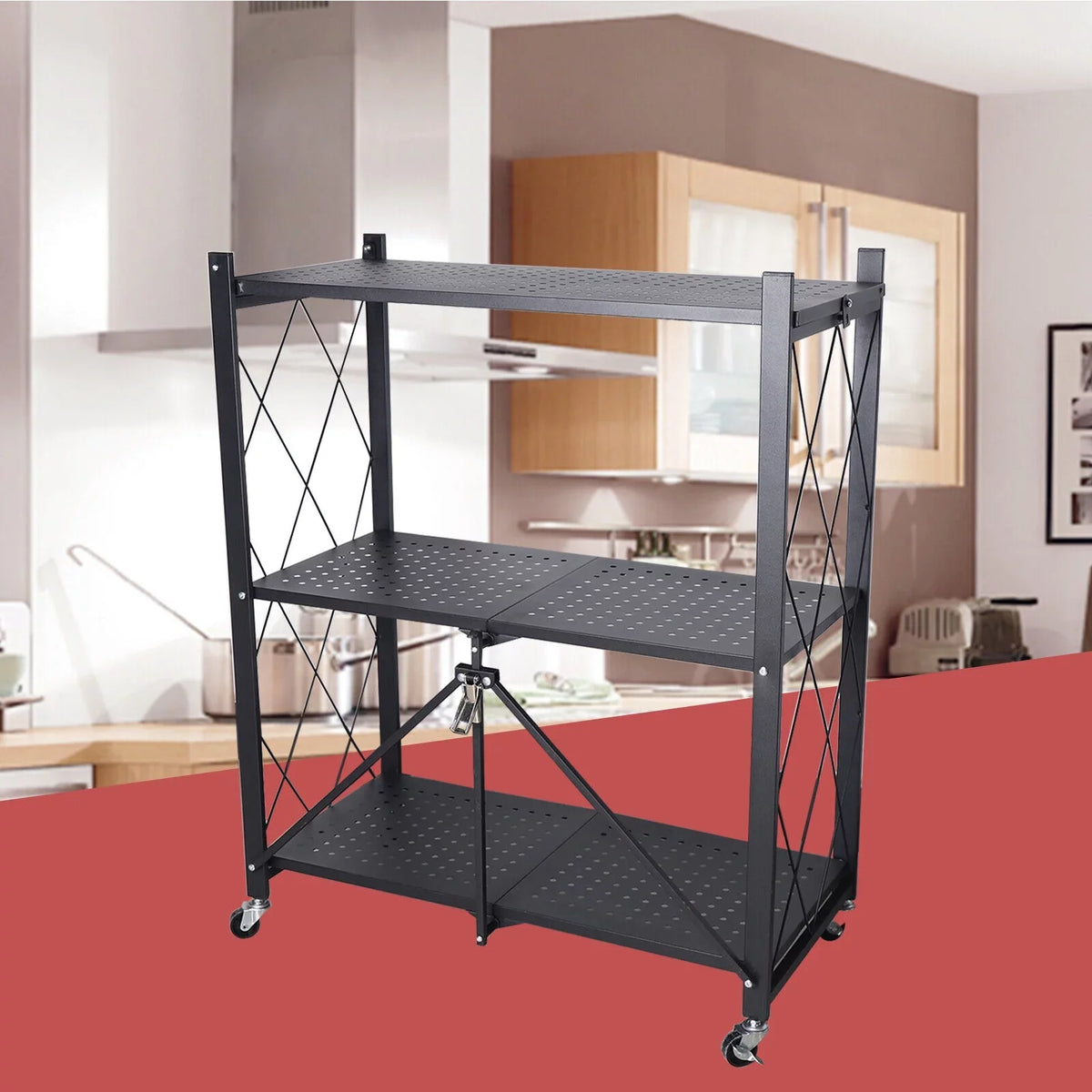 Miumaeov 3-Tier Kitchen Foldable Metal Rolling Trolley Cart Movable Utility Rack Storage Shelves Holder with Wheel Midnight