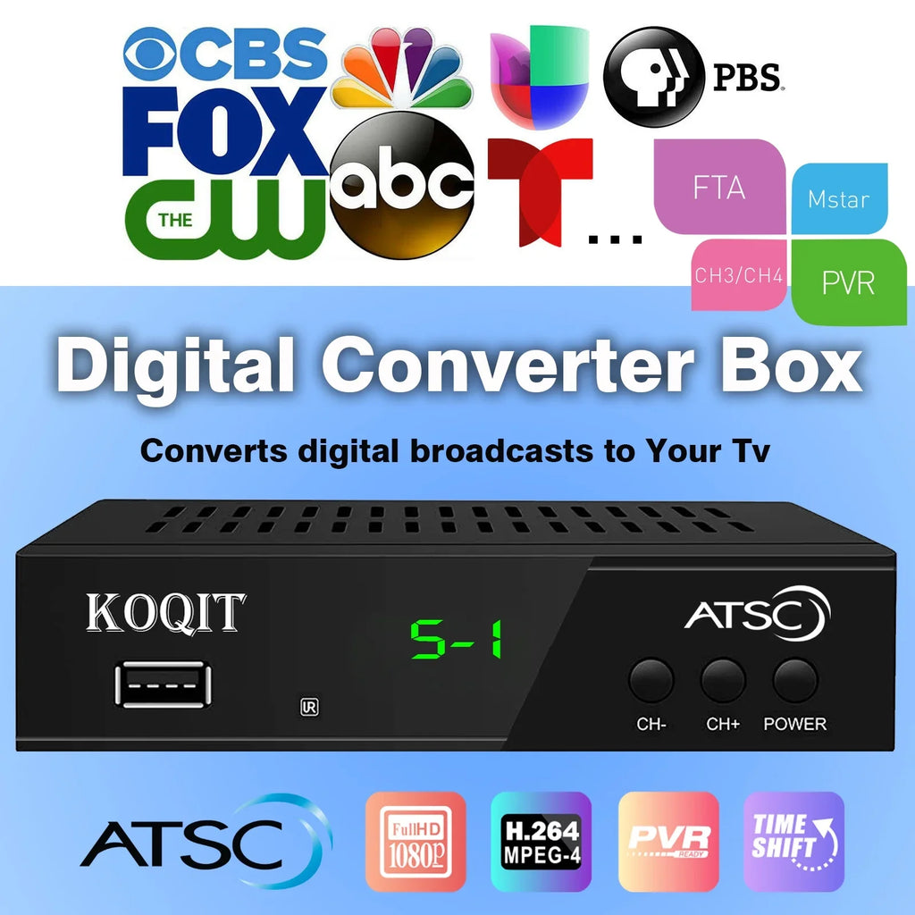 ATSC TV Tuner Digital Converter Box Recorders tv to USB, Multimedia Box, Digital Clock 12/24 Hours, OTA Analog to Digital, Coax to HDMI Set Top Box