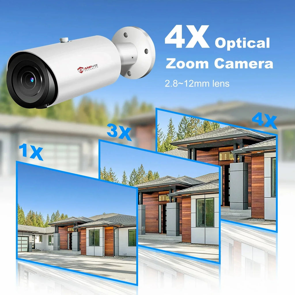 ANPVIZ 8MP Bullet Camera 4X Zoom Camera Support Human Vehicle Detection 30M IR Distance Built in Mic H.265 IP66