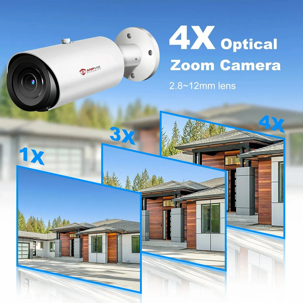ANPVIZ 8MP Bullet Camera 4X Zoom Camera Support Human Vehicle Detection 30M IR Distance Built in Mic H.265 IP66
