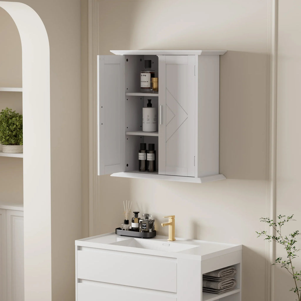 VECELO Bathroom Wall Cabinet, Wooden Hanging Storage Cabinet with 2 Door and Adjustable Shelves, Multipurpose Storage Cabinet for Bathroom Kitchen Living Room, White