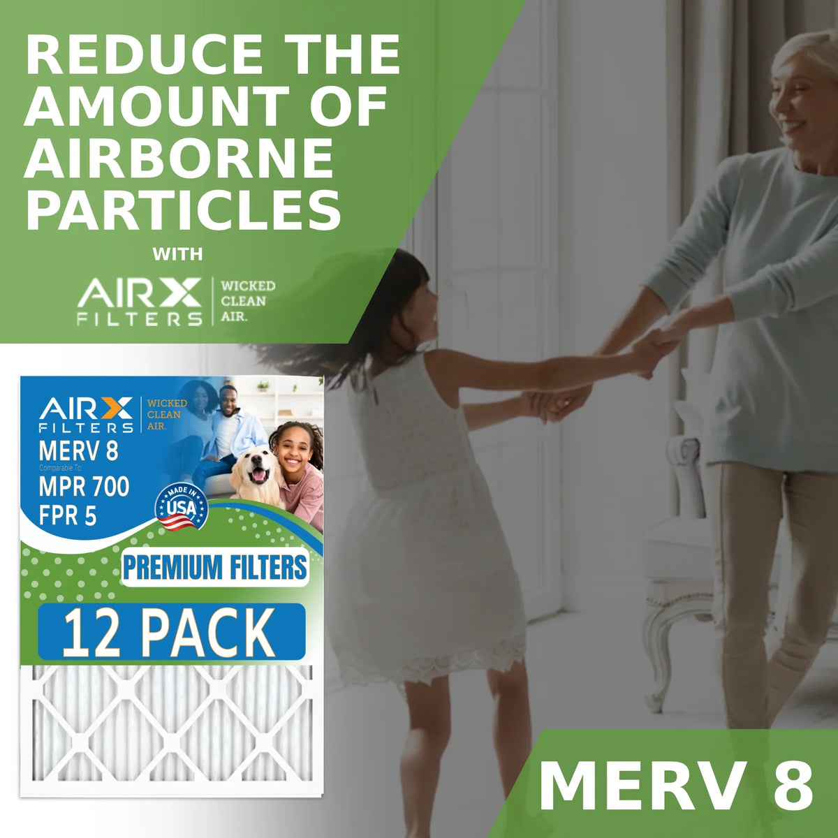 24x24x1 Air Filter MERV 8 Rating, 12 Pack of Furnace Filters Comparable to MPR 700 & FPR 5 - Made in USA by AIRX FILTERS WICKED CLEAN AIR.