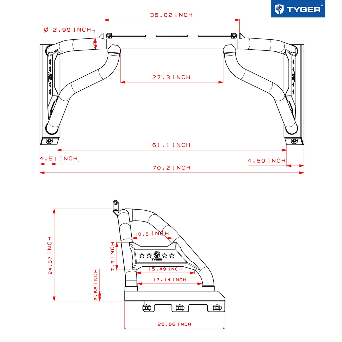 Tyger Auto Sport Bar Compatible with 2022-2024 Toyota Tundra (Exclude SR) | 5.5/6.5' Bed | TG-SB7T88728 | Textured Midnight | Light Mount | Roll Bar
