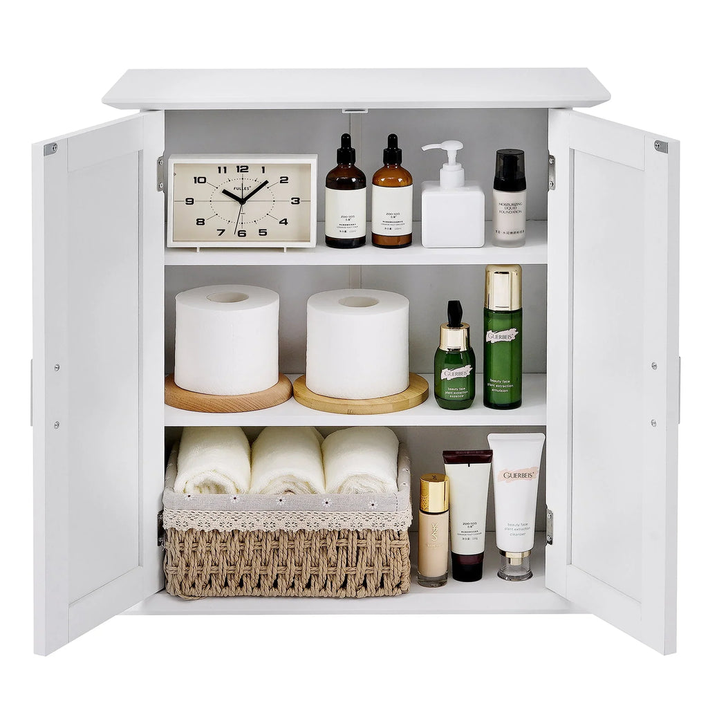 VECELO Bathroom Wall Cabinet, Wooden Hanging Storage Cabinet with 2 Door and Adjustable Shelves, Multipurpose Storage Cabinet for Bathroom Kitchen Living Room, White