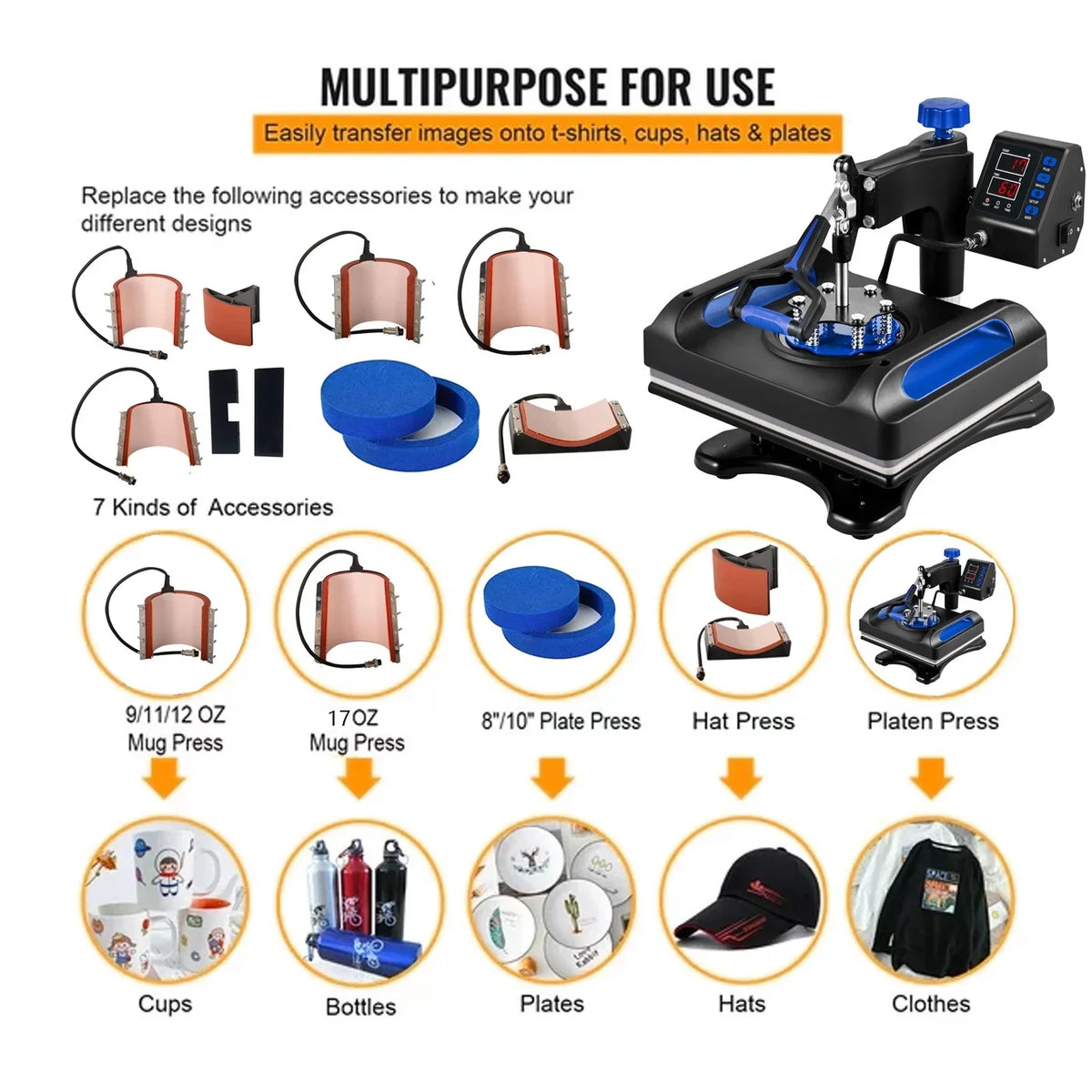 Blue Heat Press Machine 8 in 1, 15 x 15 Unit Sublimation Transfer Printer, Digital Precise LCD Control Printing, 360 Swing Away Vinyl Transfer Printer for T-Shirts, Canvas Bag, Pillow, Banner