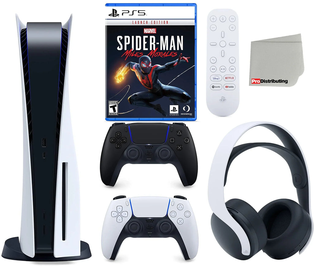 Sony Playstation 5 Disc Version (Sony PS5 Disc) with Midnight Charcoal Extra Controller, Headset, Media Remote, Marvel’s Spider-Man: Miles Morales Launch Edition and Microfiber Cleaning Cloth Bundle