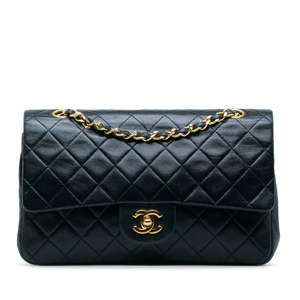 Pre-Owned Authenticated Chanel Medium Classic Lambskin Double Flap Leather Blue Shoulder Bag Unisex (Good)