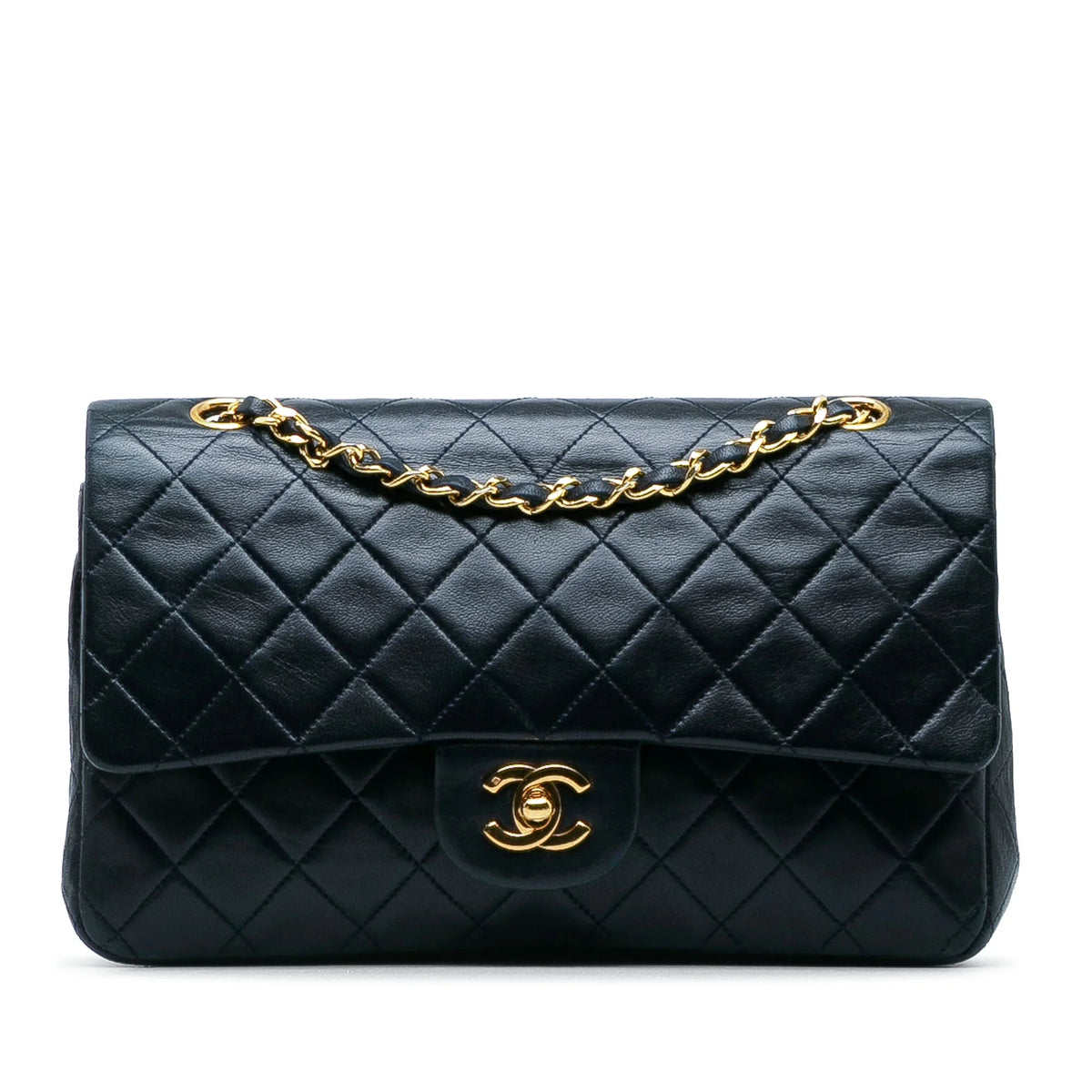 Pre-Owned Authenticated Chanel Medium Classic Lambskin Double Flap Leather Blue Shoulder Bag Unisex (Good)