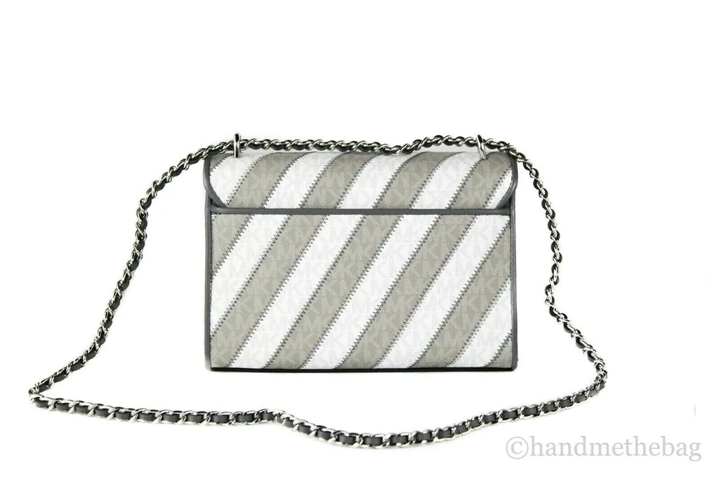 Michael Kors Rose Pearl Grey Striped Signature Polyvinyl Medium Flap Shoulder Handbag