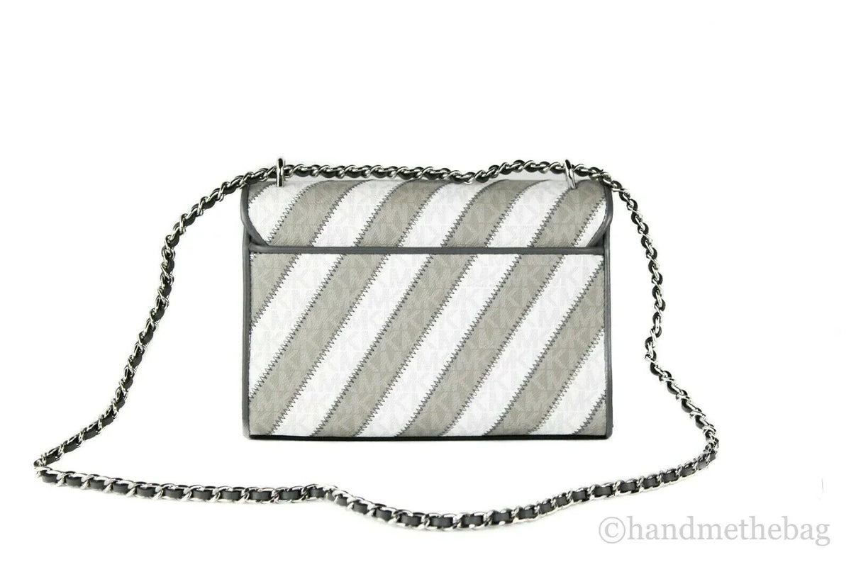 Michael Kors Rose Pearl Grey Striped Signature Polyvinyl Medium Flap Shoulder Handbag