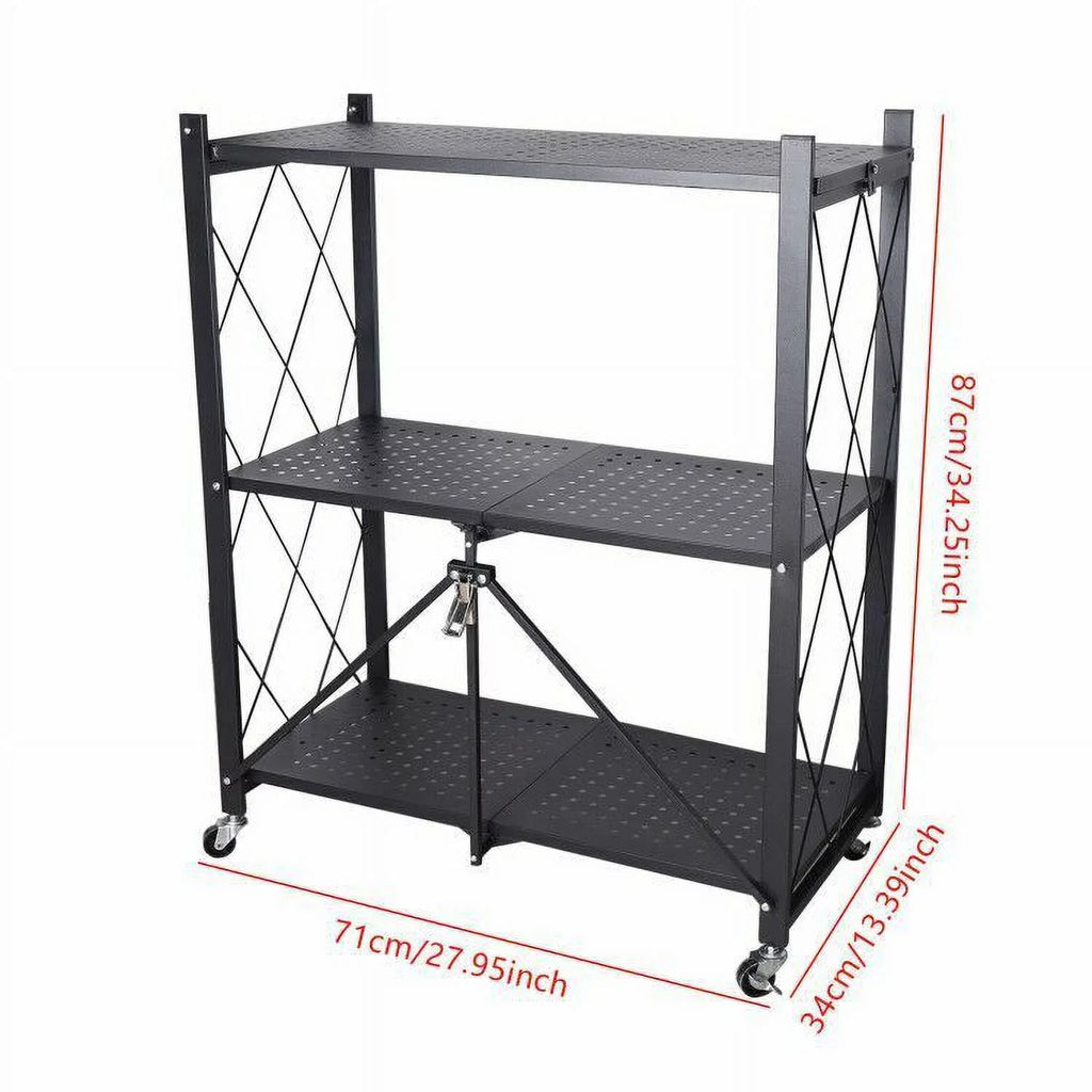 Miumaeov 3-Tier Kitchen Foldable Metal Rolling Trolley Cart Movable Utility Rack Storage Shelves Holder with Wheel Midnight