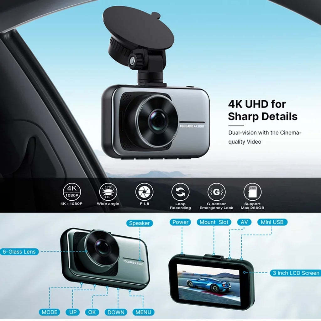 Toguard 4K Dash Cam Front and Rear Dual Dash Camera Centimeter LCD WDR Car Camera with Parking Monitor, Loop Recording, G-Sensor Function, Motion Detection, Built-in Battery