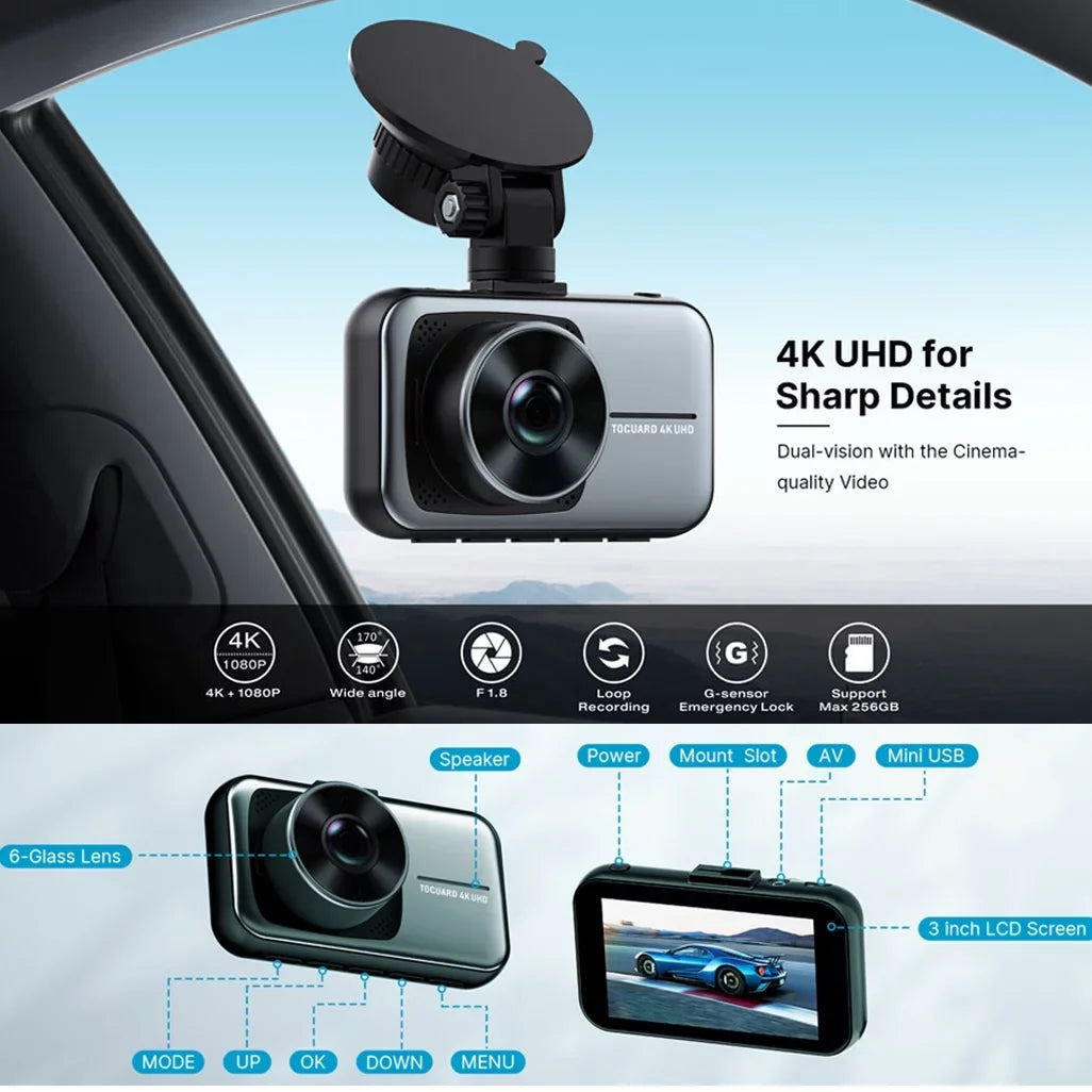Toguard 4K Dash Cam Front and Rear Dual Dash Camera Centimeter LCD WDR Car Camera with Parking Monitor, Loop Recording, G-Sensor Function, Motion Detection, Built-in Battery