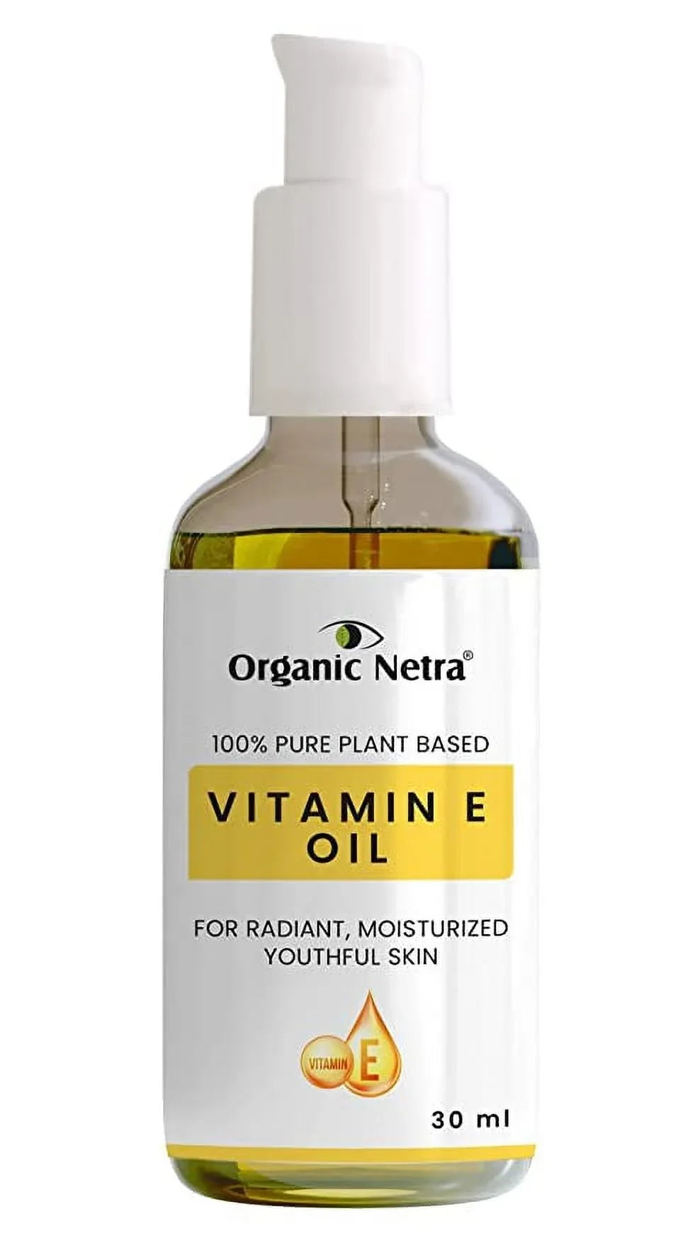 Organic Netra® Vitamin E Oil – Pure Plant-Based Face and Hair Oil for Men and Women – Ideal for Radiant, Moisturized and Youthful Looking Skin and Hair - For Stretch Marks – 30 ml
