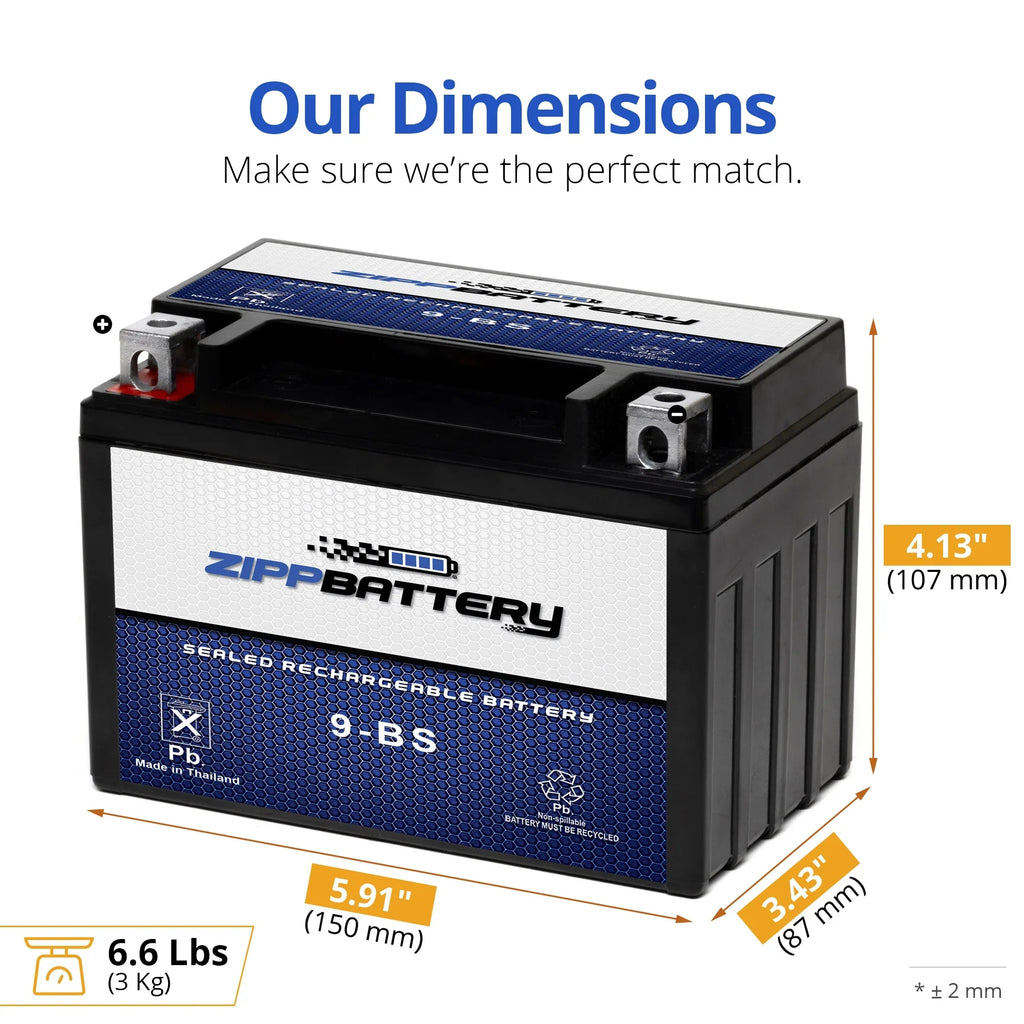 Zipp Battery YTX9-BS (9-BS 12 Volt,8 Ah, 120 CCA) Motorcycle Battery for Kawasaki 636cc Zx636-b C Ninja Zx-6r 2003