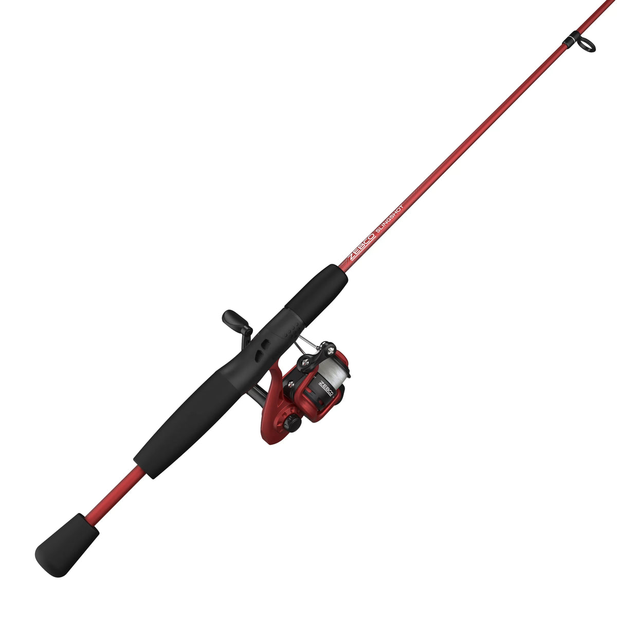 Zebco Slingshot Spinning Reel and Fishing Rod Combo, 5-Foot Inch 2-Piece Fishing Pole, Size 20 Reel, Changeable Right- or Left-Hand Retrieve, Pre-Spooled with 8-Pound Zebco Cajun Line, Red