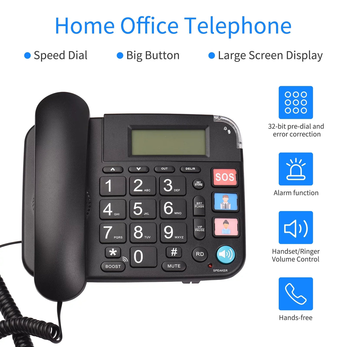 Midnight Corded Phone with Big Button Desk Landline Phone Telephone Support Hands-Free/Redial/Flash/Speed Dial/Ring Control for Elderly Seniors Home Office Business Hotel