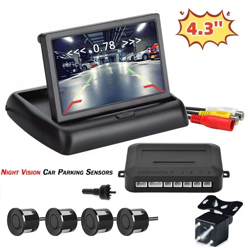 Car Reverse Backup Parking Sensor Radar System, Buzzer beeps, with 4.3in HD Backup Camera Car Monitor Rear Camera View Parking System Night Vision