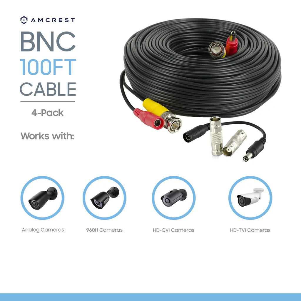 Amcrest 4-Pack 100 Feet Pre-Made All-in-One Siamese BNC Video and Power CCTV Security Camera Cable with Two Female Connectors for 960H & HD-CVI Camera and DVR (SCABLEHD100B-4pack)