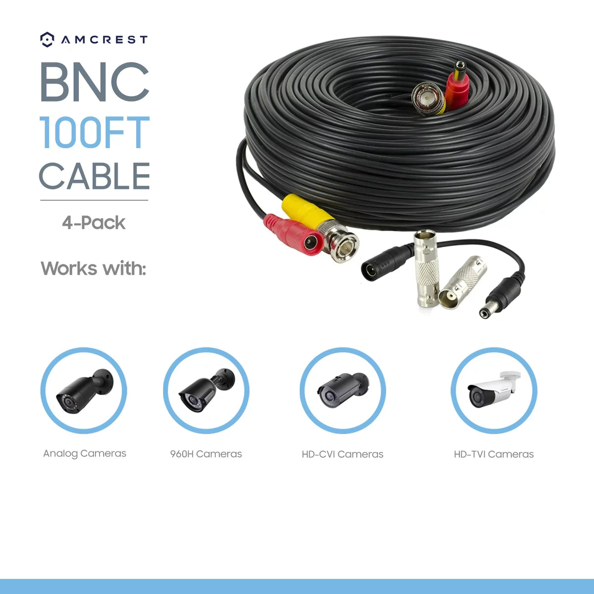 Amcrest 4-Pack 100 Feet Pre-Made All-in-One Siamese BNC Video and Power CCTV Security Camera Cable with Two Female Connectors for 960H & HD-CVI Camera and DVR (SCABLEHD100B-4pack)
