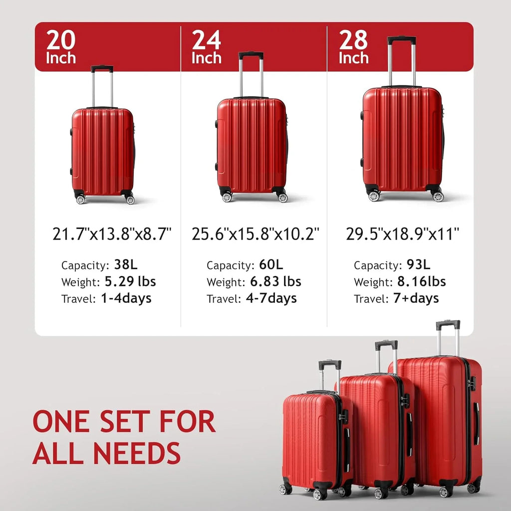 Business - Red (20/24/28) Luggage Set of 3 Hardside Carry on Suitcase Sets with Spinner Wheels & TSA lock, Portable Lightweight ABS Luggages for Travel
