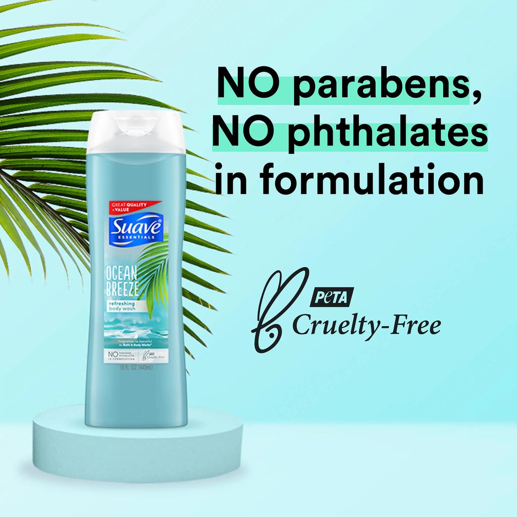 Pack of 6 Suave Essentials Body Wash For Hydrated, Smooth Skin Ocean Breeze with Sea Algae Extract and Vitamin E 15 oz,