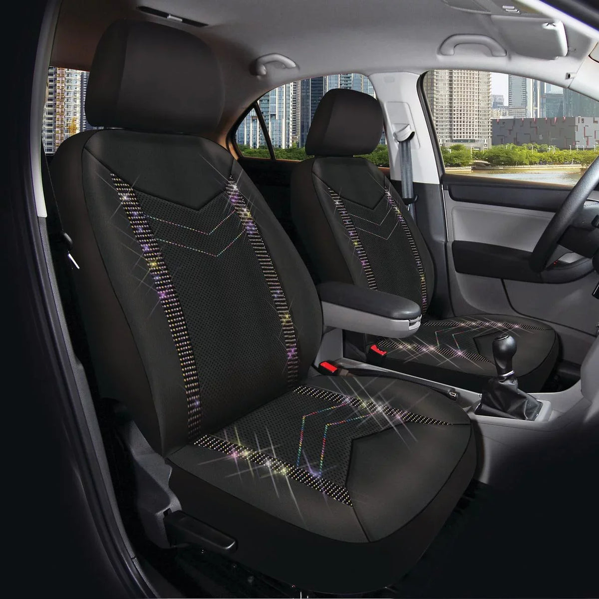 Auto Drive Universal Fit Rainbow Crystal Faux Leather Car Seat Cover, Set of 2, Fit for Cars, SUVs, MPVs