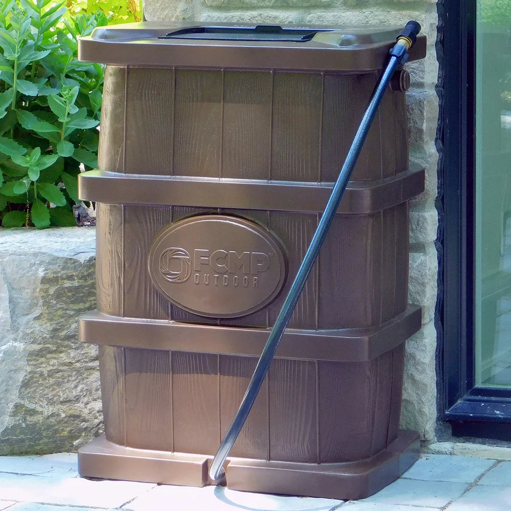 FCMP Outdoor 45 Gal Wood Grain Rain Water Catcher Barrel, Brown (2 Pack)