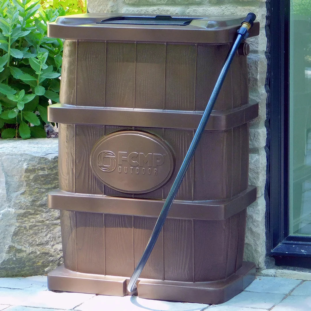 FCMP Outdoor 45 Gal Wood Grain Rain Water Catcher Barrel, Brown (2 Pack)
