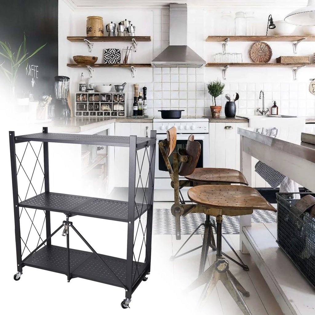 Miumaeov 3-Tier Kitchen Foldable Metal Rolling Trolley Cart Movable Utility Rack Storage Shelves Holder with Wheel Midnight