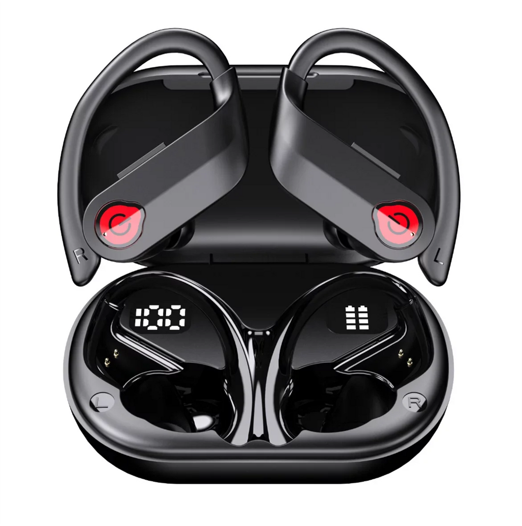 Bluetooth Headphones Wireless Earbuds 20hrs Playtime Charging Case Digital Display Sports Ear buds with Earhook Premium Deep Bass IPX7 Waterproof Over-Ear Earphones for TV Phone Laptop Midnight