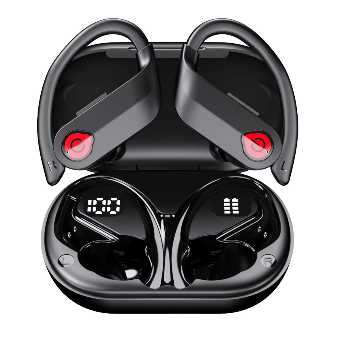 Bluetooth Headphones Wireless Earbuds 20hrs Playtime Charging Case Digital Display Sports Ear buds with Earhook Premium Deep Bass IPX7 Waterproof Over-Ear Earphones for TV Phone Laptop Midnight