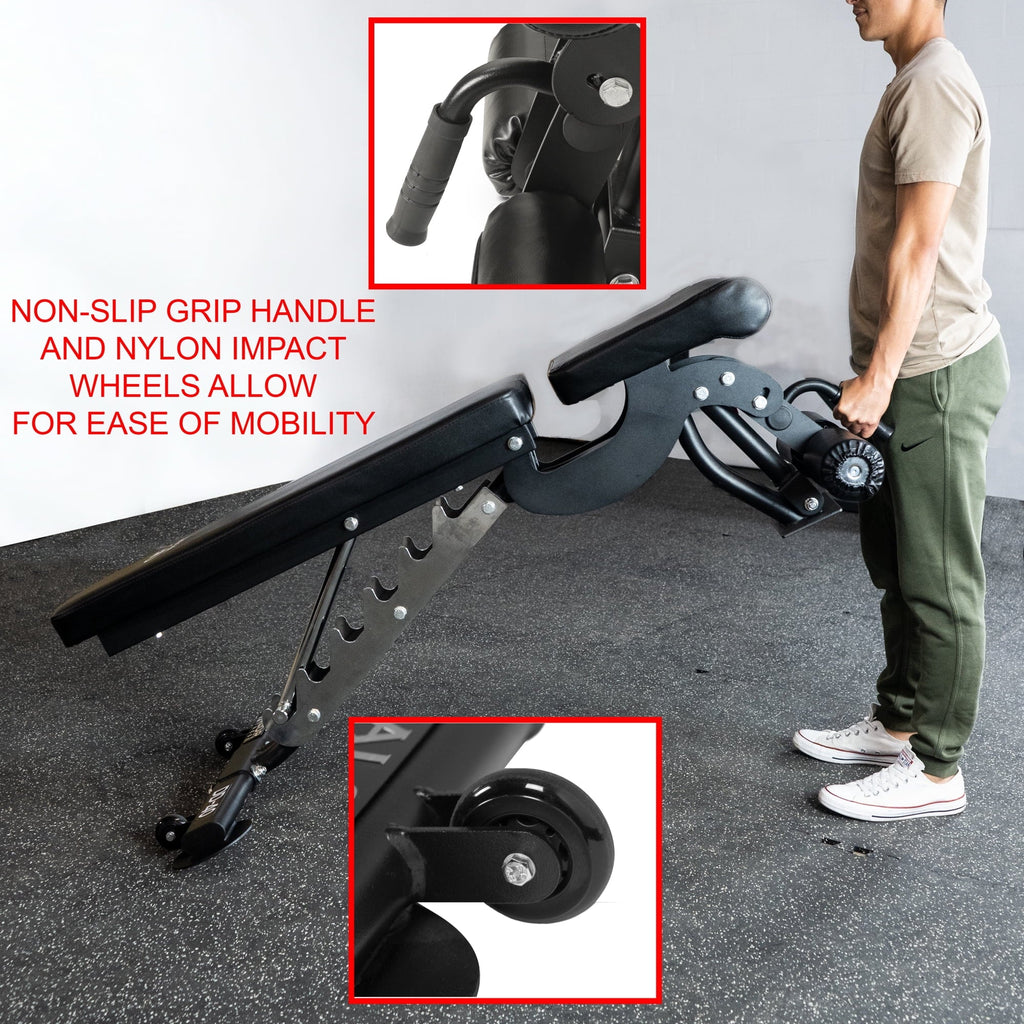 Valor Fitness Heavy Duty Adjustable Weight Bench with Nylon Wheels – 7 Positions Including Flat, Incline, and Decline Bench Press, Midnight -DD-40