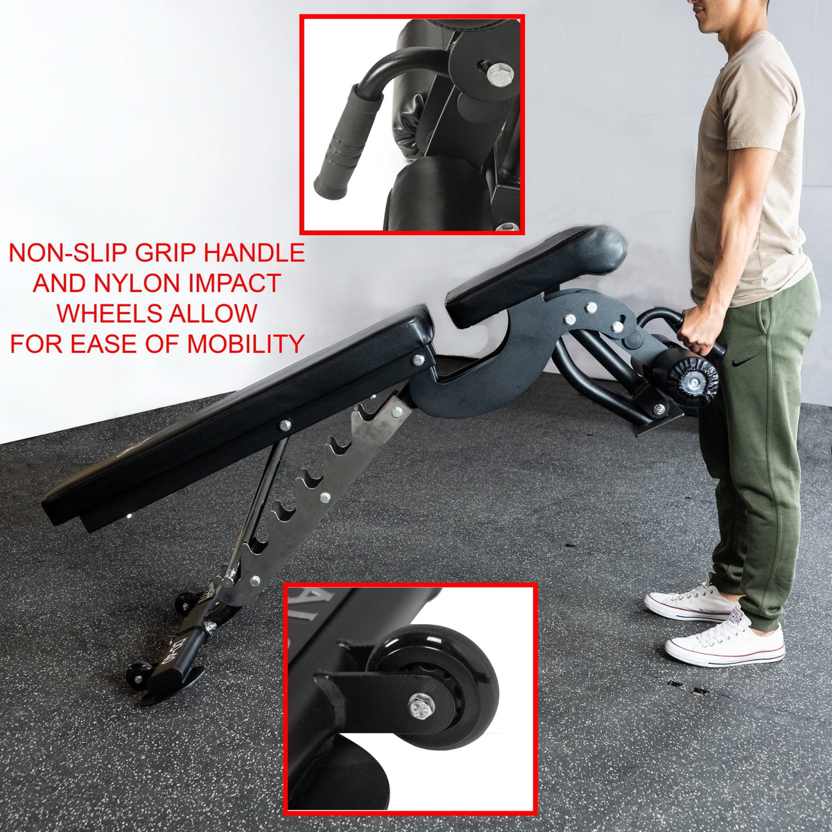 Valor Fitness Heavy Duty Adjustable Weight Bench with Nylon Wheels – 7 Positions Including Flat, Incline, and Decline Bench Press, Midnight -DD-40