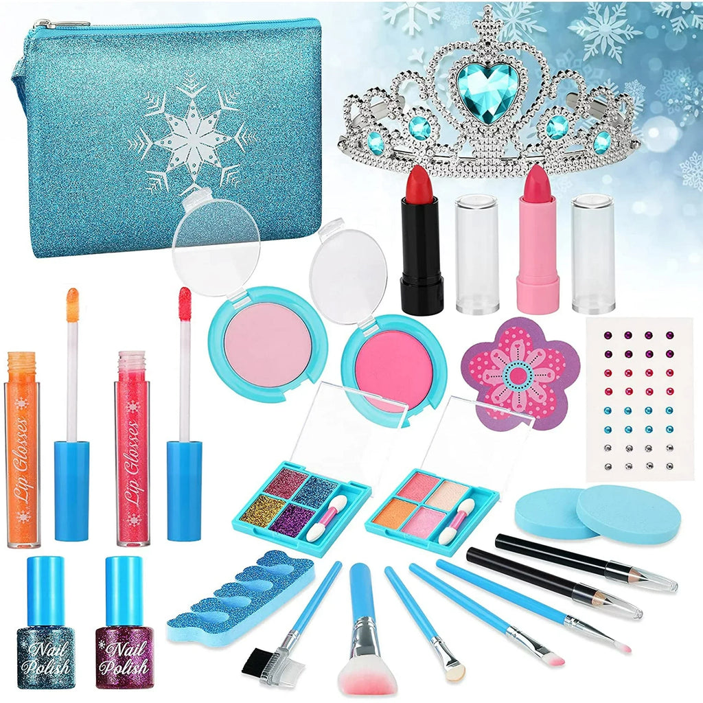 Kids Makeup Kit for Girls, 24 Pcs Washable Makeup Kit Real Cosmetic Toy with Bag, Safe & Non-Toxic Frozen Makeup Set for Princess, Toddler Makeup Set Kids Toys for 3-12 Years Old Girls Gift (Blue)