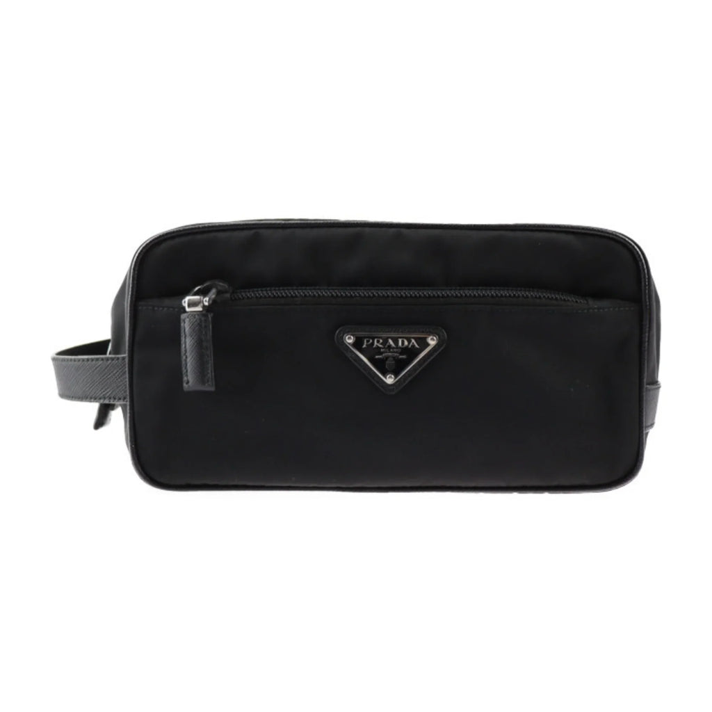 Pre-Owned PRADA Prada second bag 2NA819 nylon leather Dark silver hardware clutch handbag triangle logo (Good)