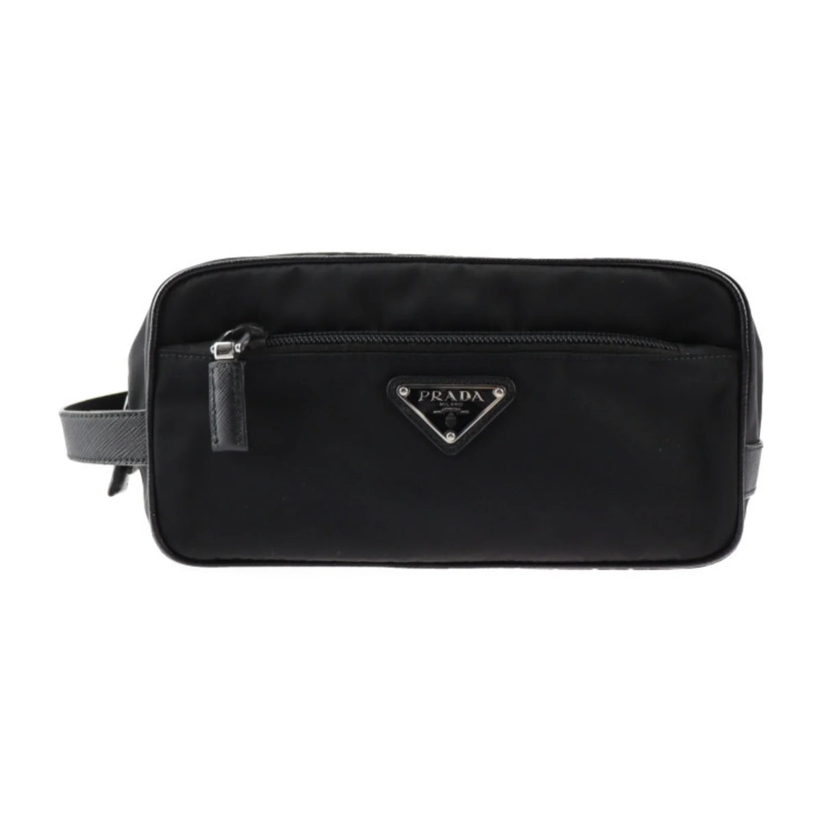 Pre-Owned PRADA Prada second bag 2NA819 nylon leather Dark silver hardware clutch handbag triangle logo (Good)