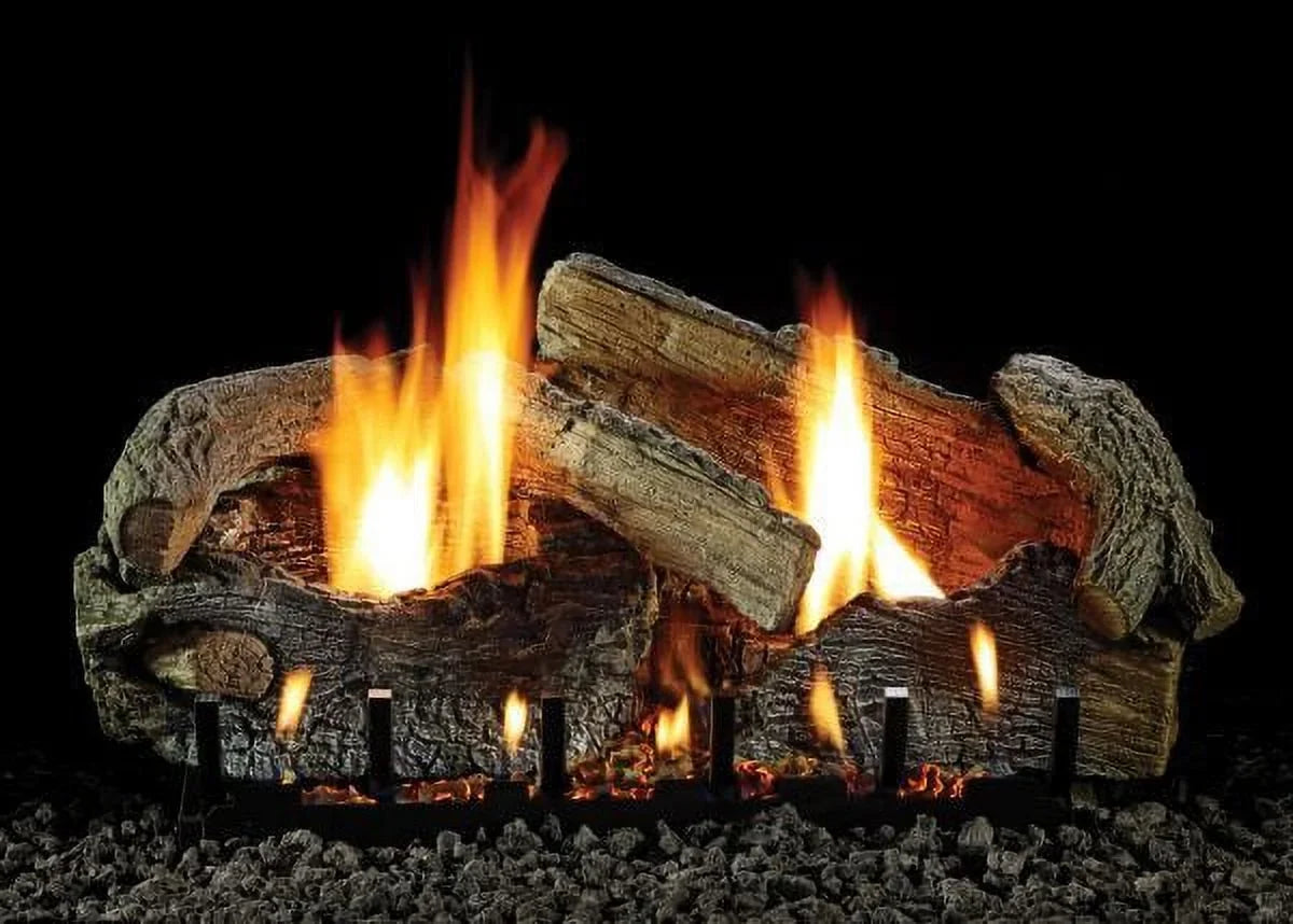 24" Stacked Aged Oak Logset with MV VF/V Slope Glaze Burner, NG