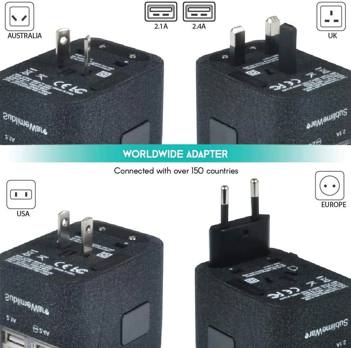 International Power Adapter for Travel Charcoal - 4 USB European Plug Adapter for 150+ Countries - for Europe UK America China Ireland Italy - Smart Charging 2.4A Travel Adapters by Sublimeware