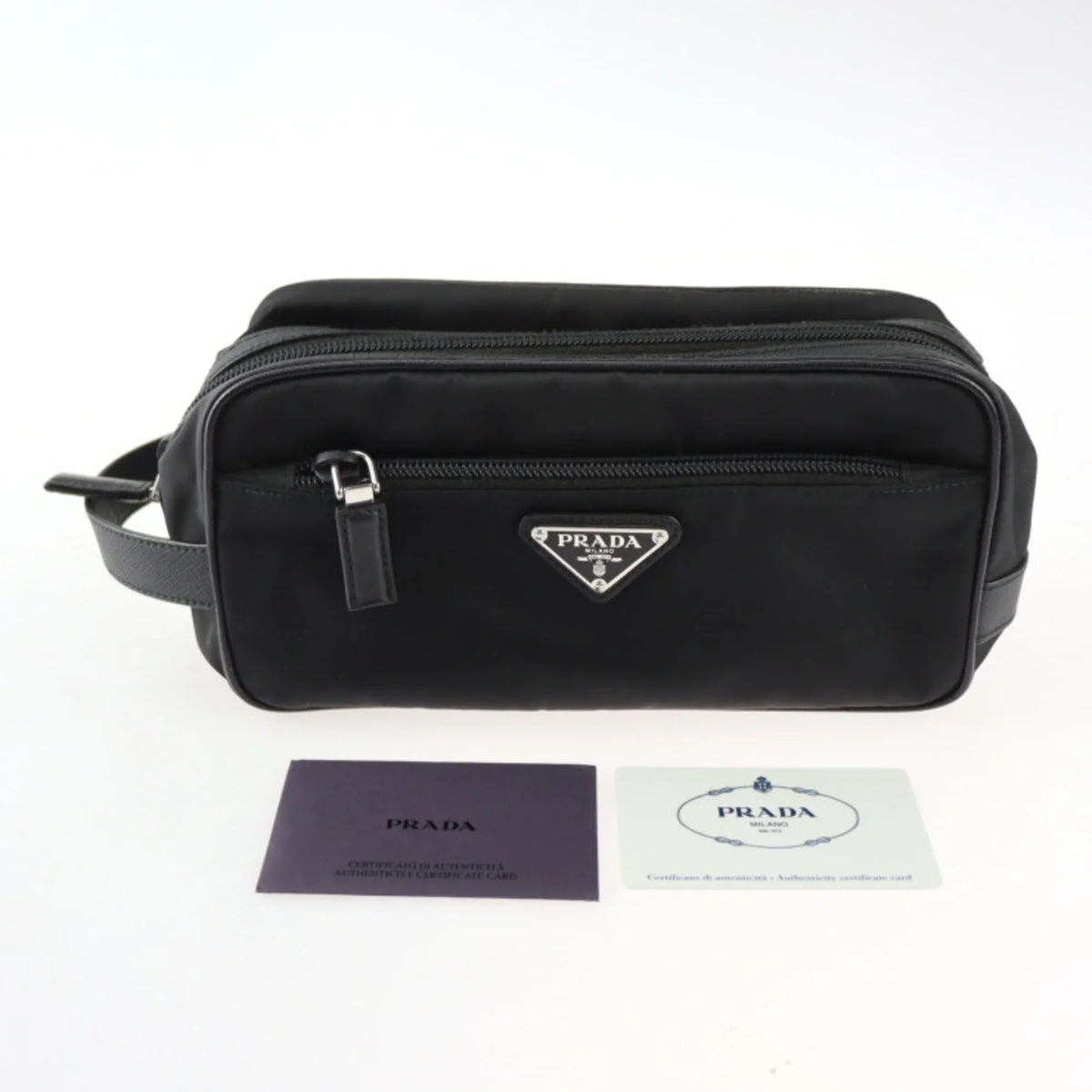 Pre-Owned PRADA Prada second bag 2NA819 nylon leather Dark silver hardware clutch handbag triangle logo (Good)