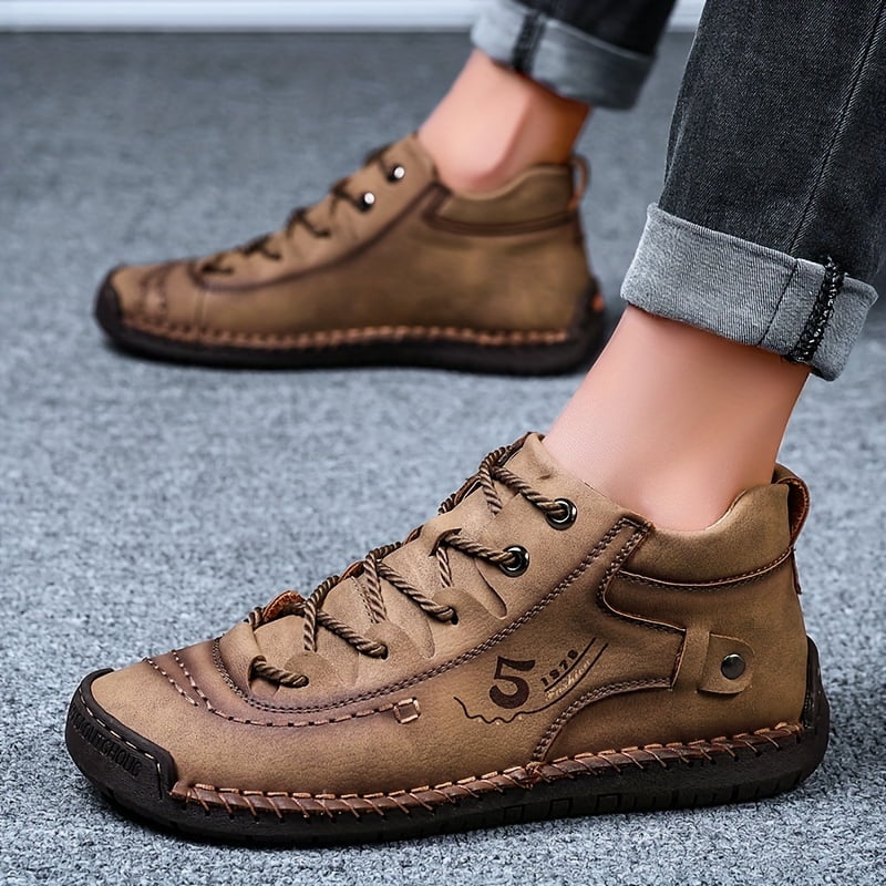 KINODAY Synthetic Leather Hand-stitching Ankle Boots Breathable Anti-slip Lace-up Walking Shoes For Outdoor Spring Summer And Autumn