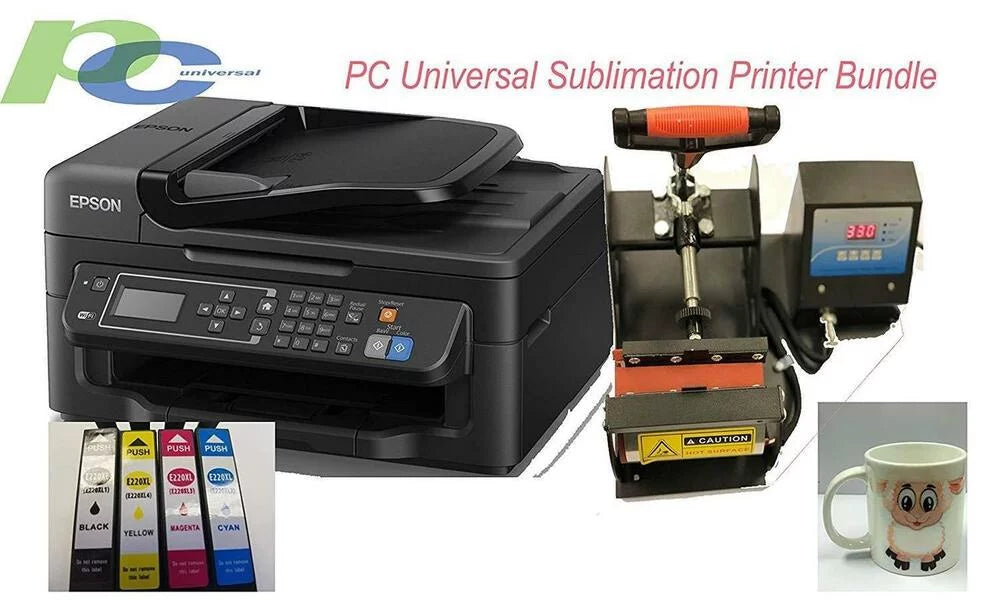 PC Universal Sublimation Professional Bundle with Printer, Heat Press Machine & Assorted Mugs, Heat Tape, 2 sets Cartridges & 100 sheets Premium transfer paper