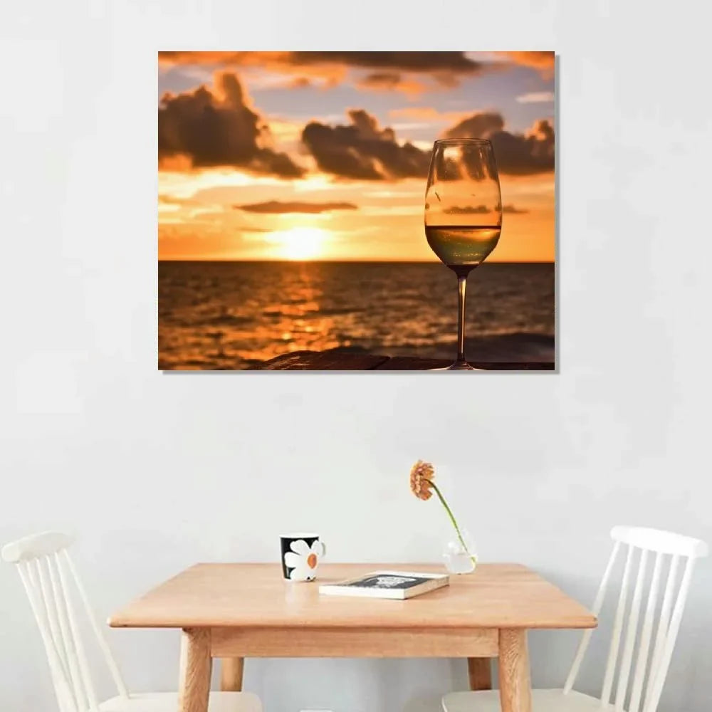 Shiartex Wall Art Painting Pictures Glass of white wine on the beach at sunset Sundowners Framed Poster Prints on Canvas Artwork for Living Room Bedroom Home Office Decor 20x16 Unit