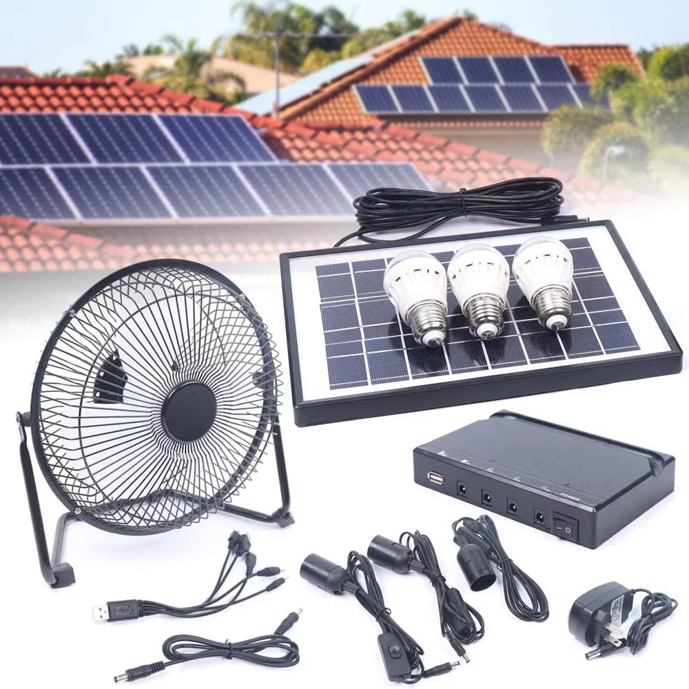 MONIPA Portable Solar Powered Panel+Fan+3x1W 12V Bulbs 8 Unit Solar Powered Fan, with Adapter for Ventilation Caravan Camping Home Office Outdoor Traveling Fishing