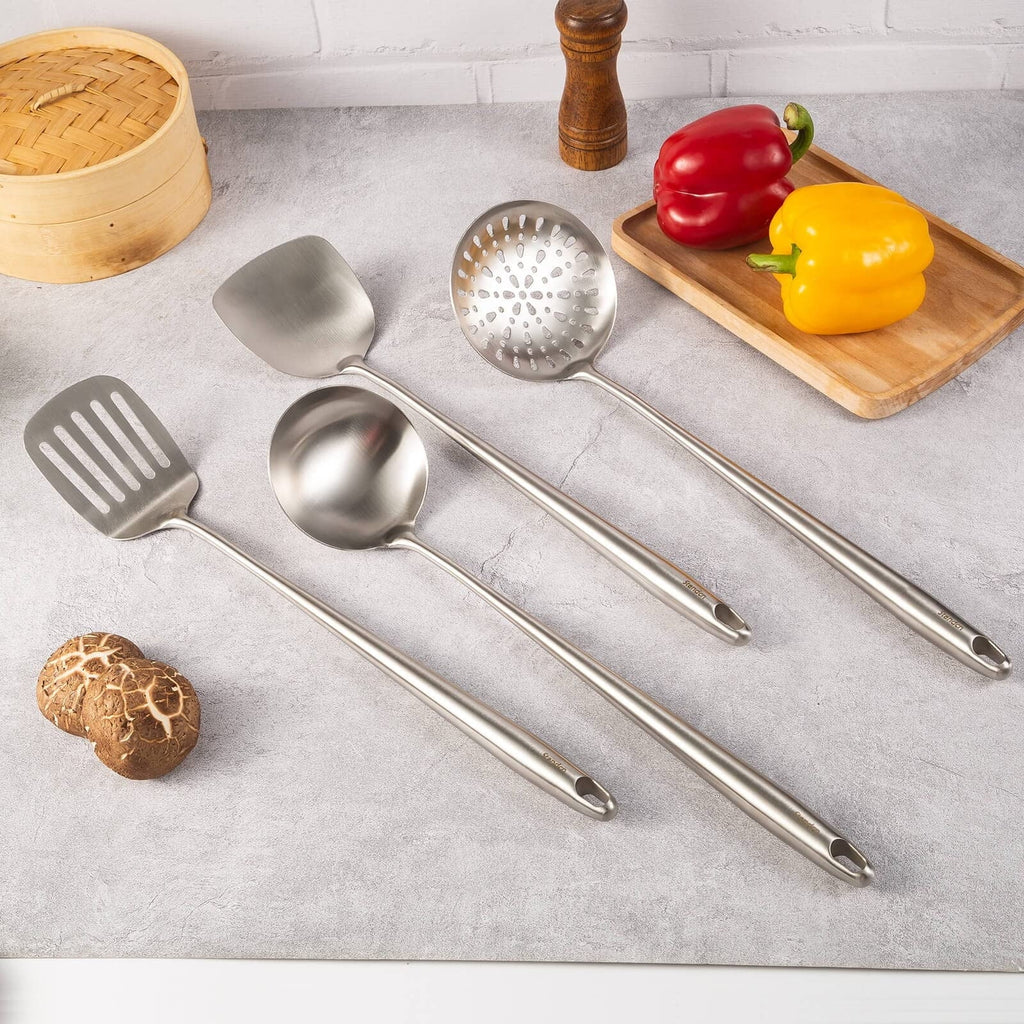 Stiwee 2024 Newest Sale Cooking Equipment Cooker Unit Wok Spatula And Ladle Skimmer Spoon Slotted Spatula 304 Stainless Steel Kitchen Utensils Set 4Pieces All Metal Extra Long Handle Cooking Tools