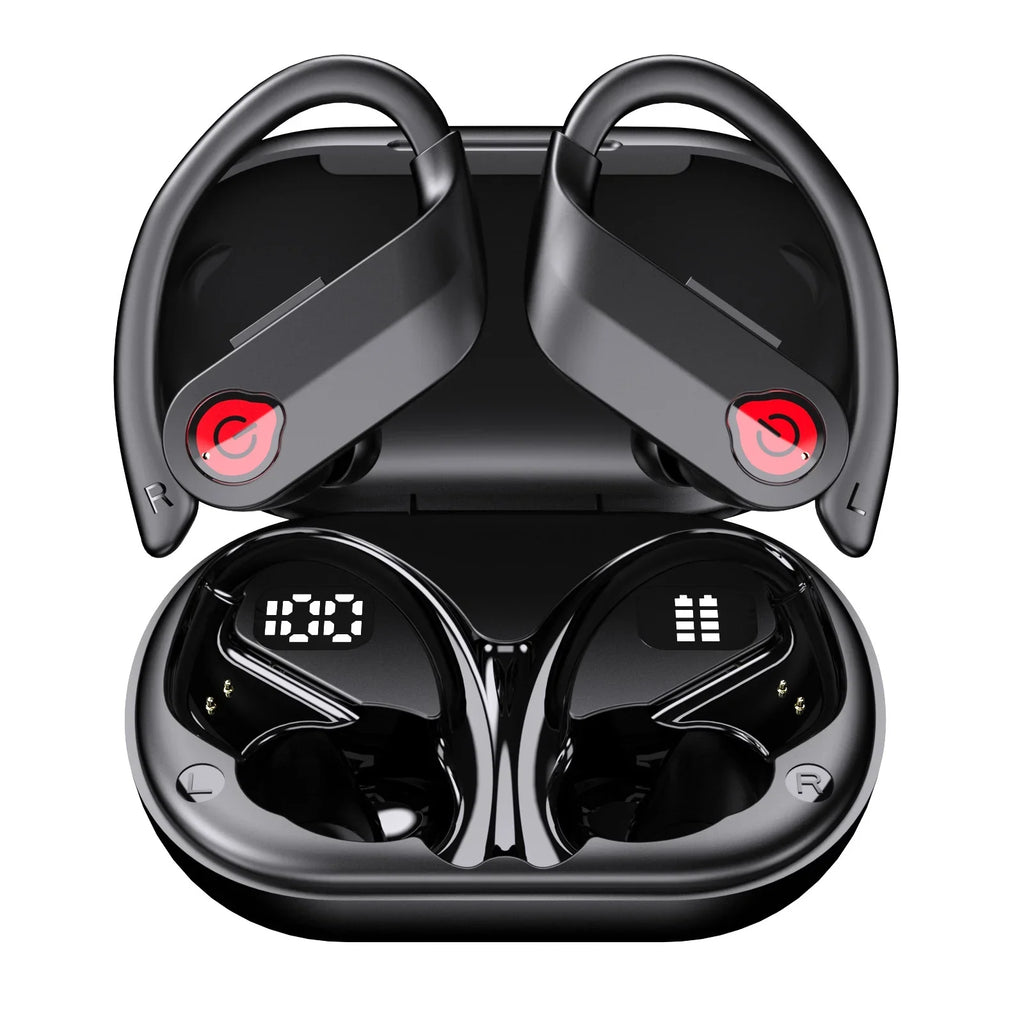 Bluetooth Headphones Wireless Earbuds 20hrs Playtime Charging Case Digital Display Sports Ear buds with Earhook Premium Deep Bass IPX7 Waterproof Over-Ear Earphones for TV Phone Laptop Midnight
