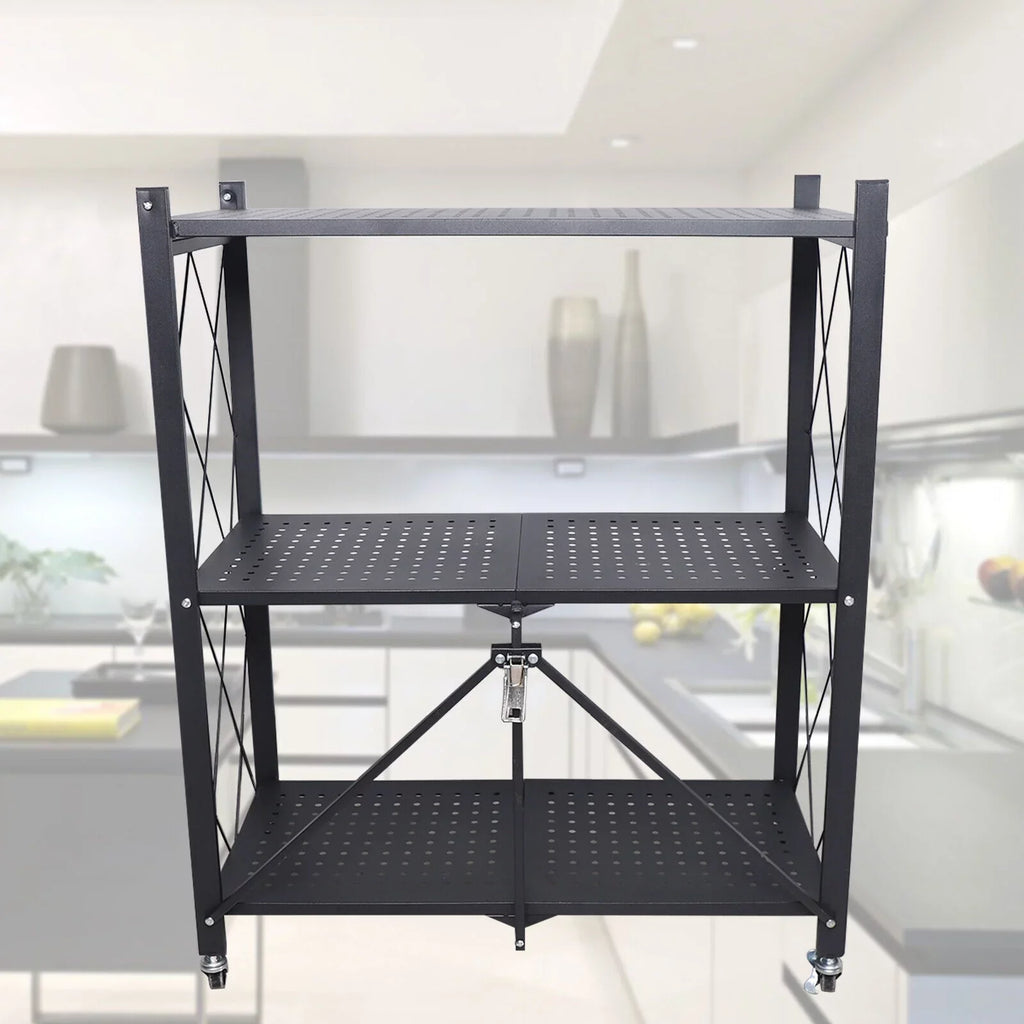 Miumaeov 3-Tier Kitchen Foldable Metal Rolling Trolley Cart Movable Utility Rack Storage Shelves Holder with Wheel Midnight